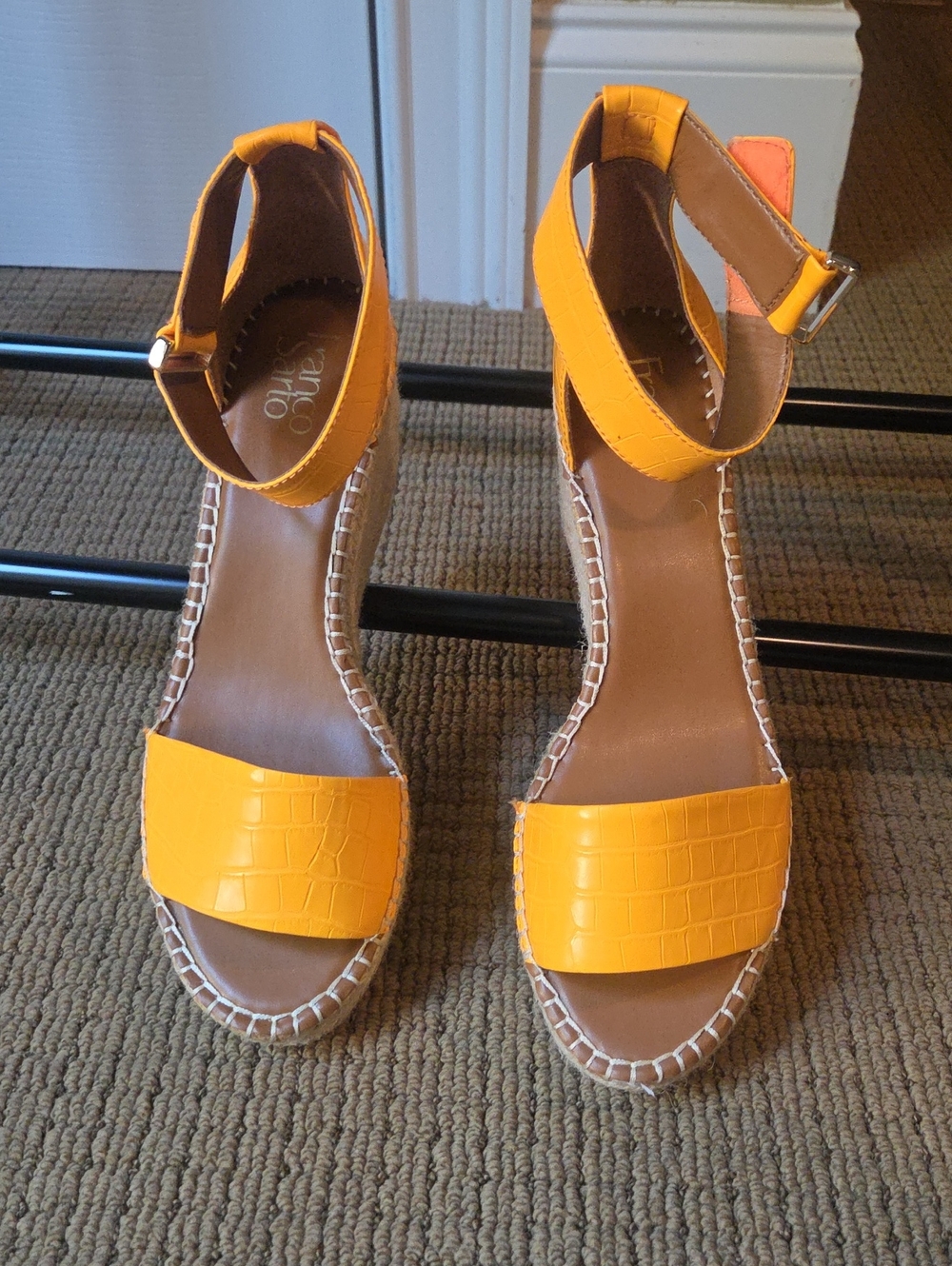 Franco Sarto Vibrant Yellow Croc-Texture Ankle-Strap Wedges NWOT